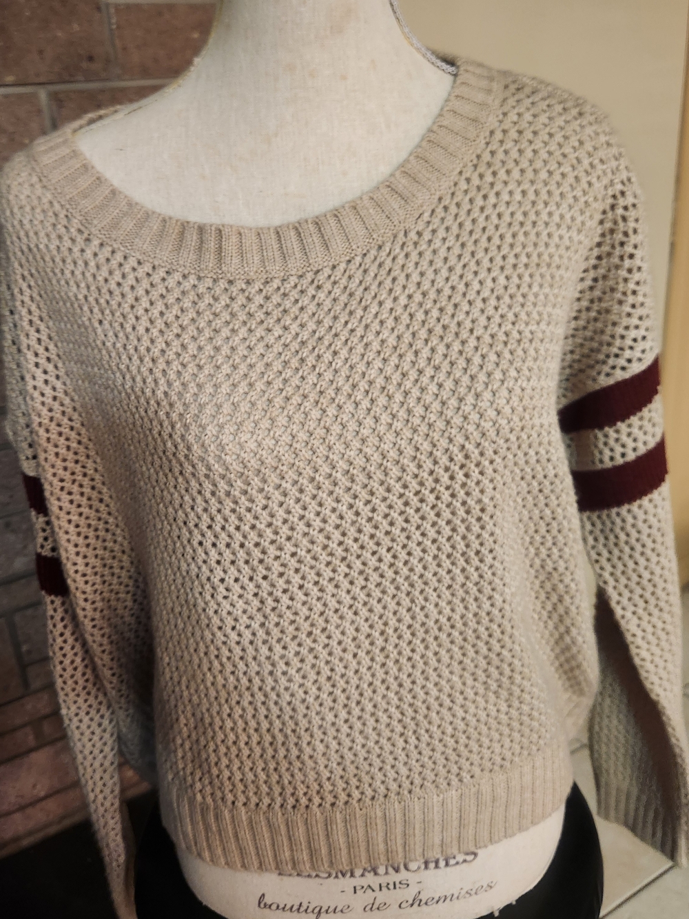 Taylor & Sage Open Knit Cropped Sweater Varsity Stripe Sleeve Beige L